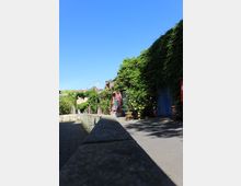 Schmaler Gehweg entlang einer niedrigen Steinmauer, neben farbigen Hausfassaden, die dicht mit Efeu und blühenden Sträuchern bewachsen sind. Im Hintergrund sind weitere Gebäude und ein klarer blauer Himmel zu sehen.