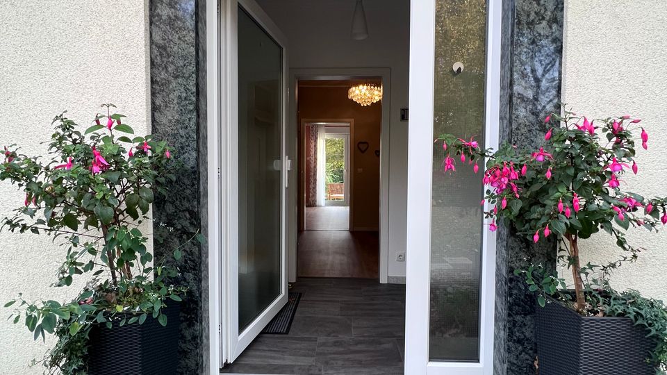 Eingang eines Wohnhauses mit geöffneter weißer Tür und seitlichem Glaselement, eingefasst von dunklem Stein. Vor der Schwelle liegen eine Fußmatte und eine kleine Stufe; links und rechts stehen große Pflanzkübel mit blühenden Sträuchern, und im Flur ist eine Deckenleuchte sichtbar.