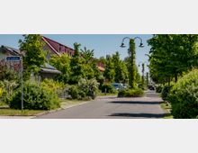 Ruhige Wohnstraße mit gepflegten Gärten und Reihenhäusern, flankiert von Laternen und dicht bepflanzten Bäumen. Im Hintergrund geparkte Autos sowie ein Straßenschild "Am Jachthafen" im Vordergrund.