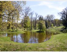 Ein Park mit einem kleinen, von Bäumen umgebenen Teich, dessen Wasser die umliegenden kahlen und teilweise grünen Bäume spiegelt. Im Vordergrund ist eine Rasenfläche sichtbar, während im Hintergrund vereinzelt dichter Bewuchs und Wege erkennbar sind.