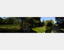 Landschaft mit einer von Bäumen umgebenen Wiese, einem kleinen Bachlauf und einem Hof im Hintergrund. Ein Weg führt rechts am Fluss entlang.