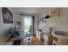 Helles, schmales Homeoffice mit Holzfußboden, Schreibtisch mit zwei Monitoren links und Regal-/Schrankkombination mit Deko und Pflanzen rechts. Am Ende des Raums sorgt eine bodentiefe Glastür mit Vorhängen für Tageslicht; an den Wänden hängen Blumenbilder und ein Pinboard.