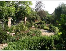 Ein grüner Garten mit dicht bewachsenen Sträuchern, Blumenbeeten und einem geschwungenen gepflasterten Weg, der in die Tiefe führt. Im Hintergrund sind holzfarbene Zäune und Bäume zu sehen.