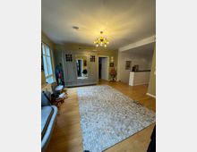 Wohnzimmer mit hellbraunem Parkettboden, hellem Wandanstrich und einem großen grauen Teppich. Links steht ein Spiegel-Kleiderschrank in grauer Farbe, daneben eine Sitzbank sowie einige Schuhe. Eine moderne Deckenleuchte beleuchtet den Raum, und im Hintergrund führt ein kleiner Flur in andere Bereiche der Wohnung.