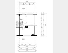 Grundriss einer Etage mit Maßen und Beschriftungen. Die Darstellung zeigt Treppen, einen Flur, zwei Räume mit der Bezeichnung „Boden“ und „Zimmer“ sowie Details zur Dachzone und Wandabmessungen.