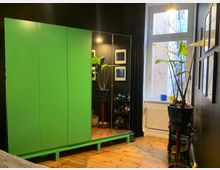 Ein dunkler Raum mit Holzboden, einem großen, grünen Kleiderschrank mit Spiegelfront und einem Fenster, das Tageslicht hereinlässt. An der Wand hängen gerahmte Bilder, und auf einem Pflanzenständer sowie auf einem Regal stehen mehrere grüne Zimmerpflanzen.