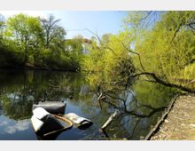 Ein kleiner, von Bäumen umgebener Teich mit teils ins Wasser ragenden Ästen; im Vordergrund schwimmen alte, verlassene Gegenstände wie ein kaputtes Sofateil. Im Hintergrund sind eine Anhöhe und ein Gebäude teilweise sichtbar.