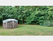 Ein Stapel Holz, abgedeckt mit einer Plane, steht auf einer Wiese inmitten eines bewaldeten Gebiets mit dichten grünen Bäumen im Hintergrund.