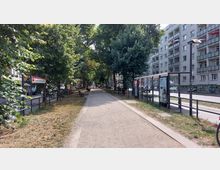 Ein schmaler, baumbestandener Weg mit Bänken verläuft parallel zu einer straßenseitigen Straßenbahnhaltestelle mit Glasüberdachung. Rechts stehen mehrstöckige Wohnhäuser, während links eine Grünfläche mit Gehweg und Bäumen zu sehen ist.