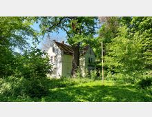 Ein verlassenes zweistöckiges Haus mit stark verwittertem Dach steht inmitten dichter grüner Vegetation. Große Bäume und Büsche umrahmen das Gebäude, das teilweise im Schatten liegt.