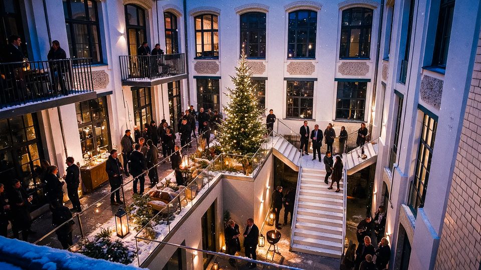 Innenhof eines mehrstöckigen Gebäudes mit hohen, bogenförmigen Fenstern und umlaufenden Galerien. In der Mitte steht ein beleuchteter Weihnachtsbaum; Treppen, Glasgeländer, Laternen und schneebedeckte Dekorationen prägen die winterliche Atmosphäre.