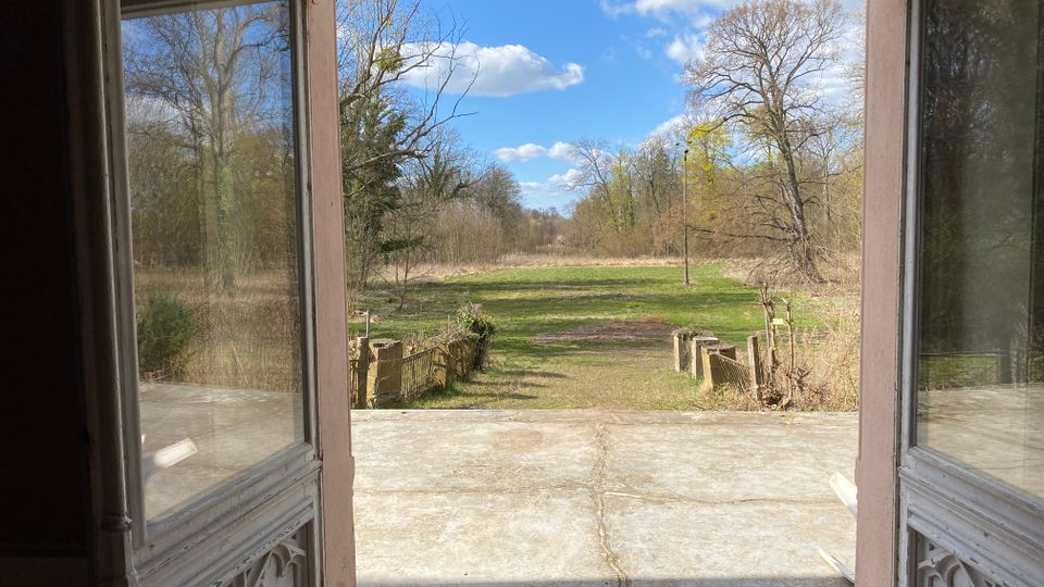 Blick durch eine geöffnete, verglaste Doppeltür auf eine breite Betontreppe und einen flachen, grasbewachsenen Weg, der in eine Wiese führt. Im Hintergrund stehen kahle und teilweise belaubte Bäume unter blauem Himmel mit einigen Wolken.