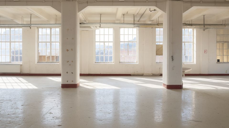 Heller, leerer Industrie-Loftraum mit breiten Stützpfeilern, sichtbaren Deckenbalken und großen Sprossenfenstern entlang der Außenwand. Der glatte Boden reflektiert das einfallende Tageslicht; Leitungen und Heizkörper sind an Decke und Wand sichtbar.