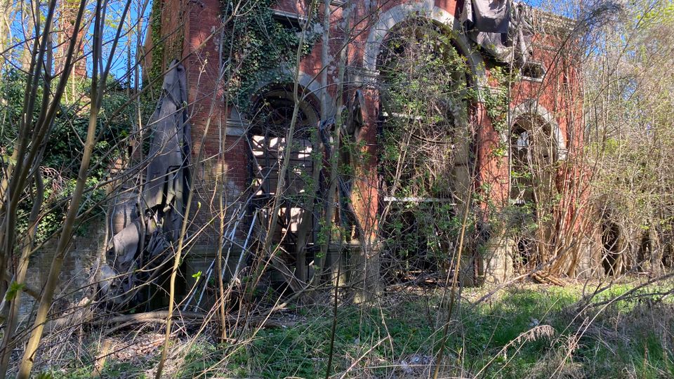 Verfallenes Backsteingebäude mit großen Rundbogenfenstern und steinernem Portal, teils von Efeu überwuchert und mit zerrissenen Planen am Dach. Dichtes Gestrüpp und junge Bäume umgeben die Ruine in einer verwilderten Grünfläche.