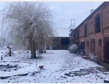 Schneebedeckter Innenhof eines historischen Backsteingebäudes mit Rundbogenfenstern, einem großen Baum mit hängenden Ästen und einem kleinen Teich im Vordergrund. Im Hintergrund sind ein Schuppen und ein Gerüst an der Gebäudewand zu sehen.