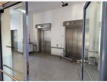 Blick durch eine Glastür in einen Innenbereich mit weiß gestrichenen Wänden, zwei Aufzugtüren aus Edelstahl und einem grauen Bodenbelag. Neben den Aufzügen stehen Metallgestelle und eine mobile Ablage, die Umgebung wirkt funktional und medizinisch geprägt.