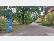 Gepflasterter Weg in einem Wohngebiet mit gelb gestrichenen Mehrfamilienhäusern und rotem Ziegeldach. Links steht ein blauer Basketballkorb auf einer Wiese, umgeben von Bäumen und Sträuchern.