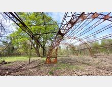 Rostige Stahlgerüstkonstruktion einer verlassenen Halle in einer bewaldeten Umgebung mit vereinzelten Bäumen und offenem Himmel im Hintergrund. Der Boden ist mit Gras, Gestrüpp und Holzresten bedeckt.