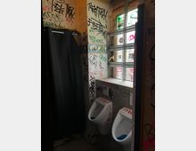 Kleines, stark mit Graffiti beschmiertes Toilettenabteil mit zwei wandmontierten Urinalen unter einem Fenster. Rechts steht ein Metallregal vor dem Fenster, links hängt ein dunkler Duschvorhang an einer Stange.