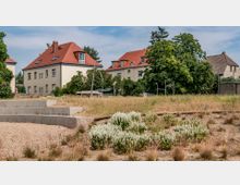 Wohnhäuser mit cremefarbenen Fassaden und roten Ziegeldächern, umgeben von Bäumen und Büschen, im Hintergrund. Im Vordergrund eine mit Gras und Blumen bepflanzte, trocken wirkende Grünfläche sowie terrassenförmige Steinstufen.