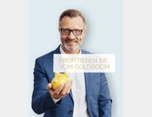 Studio-style portrait against a plain light-blue background with a centered semi-transparent text banner; no identifiable location features or surroundings are visible.