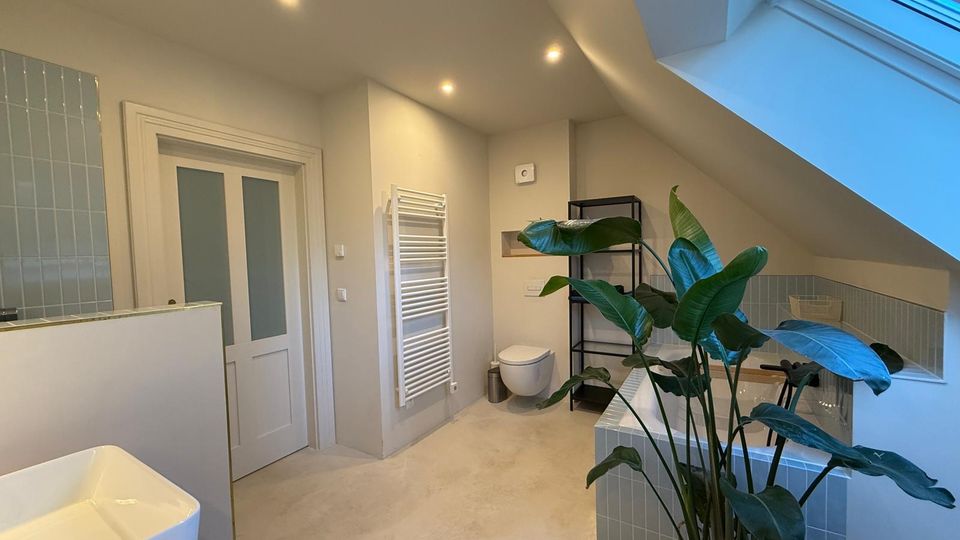 Modernes Badezimmer mit Dachschräge, einem großen Dachfenster, einer freistehenden Badewanne mit hellblauen Fliesen, einer Hänge-Wandtoilette und einem Heizkörper an der Wand. Im Vordergrund steht eine große grüne Pflanze, und an der Wand befindet sich ein Regal.