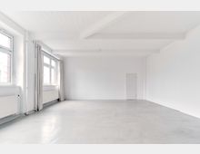 Leerer, heller Raum mit weiß gestrichenen Wänden und einem Betonboden. Links befinden sich große Fenster mit Vorhängen, Heizkörpern darunter, und rechts eine weiße Tür, die in die Wand integriert ist.