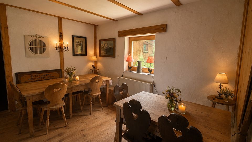 Gemütlicher Gastraum im Landhausstil mit Holzboden, sichtbaren Deckenbalken und mehreren massiven Holztischen mit geschnitzten Stühlen. An den verputzten Wänden hängen Bilder und Lampen; ein kleines Fenster mit Blick auf ein Holzgebäude lässt Tageslicht herein.