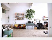 Ein heller, gemütlicher Raum mit einem Sofa, das mit einer bunten Decke und Kissen dekoriert ist, sowie Regalen mit Büchern an einer weißen Wand. Rechts steht ein großer grüner Pflanze auf Schubladen, daneben ein Arbeitsplatz mit Schreibtischen, Computern und Büromaterialien.