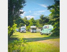 Wohnmobilstellplatz mit mehreren geparkten Wohnmobilen auf einer grünen Wiese, umgeben von Bäumen und Sträuchern. Im Hintergrund ist ein kleines gelbes Gebäude sichtbar, der Himmel ist klar mit einigen Wolken.