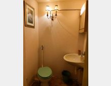 Kleines Badezimmer mit einfacher Ausstattung, einschließlich einer Toilette mit grünem Deckel, einem Waschbecken mit Wandmontage und einer klassischen Wandlampe mit zwei Leuchtkörpern. An der Wand hängt ein gerahmtes Bild, darunter befindet sich ein kleiner Mülleimer.