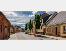 Straßenszene in einer Kleinstadt mit gepflegten Häuserfassaden aus Backstein und Putz, kleinen Vorgärten und Bäumen entlang des Gehwegs. Die Straße ist asphaltiert, gesäumt von bepflanzten Blumenbeeten und vereinzelt geparkten Autos, unter einem teils bewölkten Himmel.