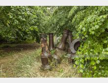 Rostige, alte Metallrohre und Maschinenteile liegen inmitten eines überwucherten Außenbereichs mit dichtem Laub und hohem Gras. Die Szene befindet sich unter Bäumen, die den Bereich teilweise abschirmen.