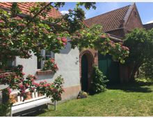 Ein idyllisches ländliches Gebäude mit weiß verputzter Fassade, roten Ziegeln auf dem Dach und einem angrenzenden Backsteingebäude mit grünem Holztor und rundbogiger Tür. Im Vordergrund blühende Zweige eines rosa Blütenbaums, eine weiße Holzbank und eine kleine Wiese.
