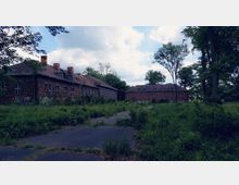 Verlassene Backsteingebäude inmitten einer überwucherten Landschaft, umgeben von Bäumen und einer teils überwucherten asphaltierten Fläche im Vordergrund. Der Himmel ist bewölkt, und die Szene wirkt ruhig und abgeschieden.