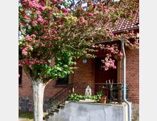Backsteinhaus mit rotem Ziegeldach, davor ein blühender Baum mit rosa Blüten. Eine kleine Treppe führt zu einer hölzernen Eingangstür mit einem überdachten Eingangsbereich und einem Geländer.