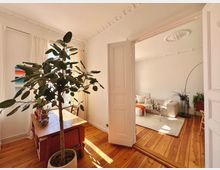 Wohnraum in einer Altbauwohnung mit Holzboden und hohen Decken. Im Vordergrund ein Essbereich mit großem Zimmerpflanze und Holztisch, im Hintergrund ein offener Wohnbereich mit Sofa, Teppich und Pflanzen, eingerahmt von weißen Doppeltüren mit Stuckverzierungen.