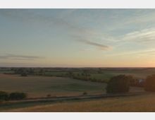 Weite Landschaft mit Feldern und Bäumen unter einem Himmel mit sanften Wolken in der Abenddämmerung. Im Hintergrund sind Hügel und vereinzelt Gebäude sichtbar.