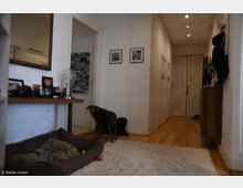 Flur in einer Wohnung mit Holzboden, weißen Wänden und einer langen Sichtachse zu einer Tür am Ende. Im Vordergrund liegt ein Hundebett mit Spielzeug, daneben steht ein Hund; an der linken Wand hängen ein großer Spiegel und Fotos, rechts befinden sich Aufhängungen und ein Holzschrank.