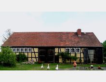 Historisches Fachwerkhaus mit gelben Gefachen und schwarzen Balken sowie einem roten Ziegeldach, umgeben von einem Garten. Im Vordergrund laufen drei Gänse auf einem Weg, und auf der rechten Seite stehen dekorative Objekte aus Keramik.