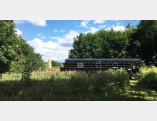 Ein schwarzer umgebauter Bus steht auf einer Wiese, umgeben von hohen Gräsern und Bäumen. Im Hintergrund sind ein Sonnenschirm und ein Holztisch zu sehen, unter einem blauen Himmel mit weißen Wolken.