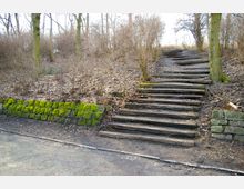 Holztreppe in einem bewaldeten Bereich, umgeben von kahlen Bäumen und Sträuchern im Winter. Auf der linken Seite befindet sich eine mit Moos bewachsene Steinumrandung.
