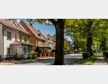 Reihenhäuser mit bunten Fassaden und Satteldächern in einer ruhigen Wohnstraße, begleitet von breiten Gehwegen und großen Bäumen, die Schatten spenden. Die Straße ist gepflastert, und ein Verkehrsschild weist auf eine Geschwindigkeitsbegrenzung von 30 km/h hin.