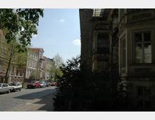 Straßenszene in einem Wohnviertel mit mehrstöckigen Altbauhäusern, teils renoviert und mit Balkonen. Auf der gepflasterten Straße sind geparkte Autos zu sehen, während im Vordergrund Bäume und Sträucher Teile des Gehwegs beschatten.