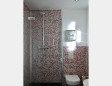 Modernes Badezimmer mit einer Dusche, verkleidet mit rot- und lilafarbenen Mosaikfliesen, einer Glastür und einer integrierten Regendusche. Daneben befindet sich eine weiße Toilette und ein wandmontierter kleiner Spiegelschrank.