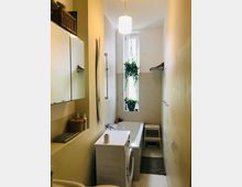 Schmales Badezimmer mit einer Badewanne auf der rechten Seite und einer Waschmaschine im Vordergrund. Ein kleines Fenster mit Pflanzen darunter bringt Licht in den Raum, und die Wände sind in hellen Tönen gestaltet.