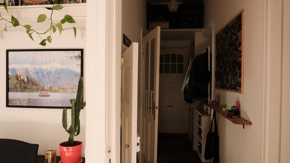 Schmaler Wohnungsflur mit halb geöffneter Tür und Blick zur Eingangstür am Ende des Gangs. An der rechten Wand hängen Garderobenhaken, ein Foto-Board und ein schmales Regal; links sind ein gerahmtes Landschaftsbild, Zimmerpflanzen und ein kleines Sideboard zu sehen.
