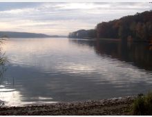 Ein ruhiger See mit spiegelnder Wasseroberfläche, eingerahmt von herbstlich gefärbten Bäumen am Ufer; im Vordergrund ist ein sandiger Uferbereich mit vereinzeltem Schilf sichtbar, während der Himmel wolkenverhangen ist.