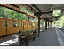 Überdachter U-Bahnsteig der Linie U3 an der Station "Podbielskiallee" in Berlin, mit einem gelben Zug auf der linken Seite und einer Sitzbank im Vordergrund; im Hintergrund sind grüne Bäume sichtbar.