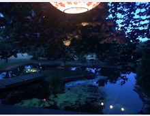 Ein Teich in einer Abendlandschaft, umgeben von Bäumen und einem Steg. Im Vordergrund hängt eine beleuchtete Laterne, während schwimmende Lichter den Teich dezent erhellen.